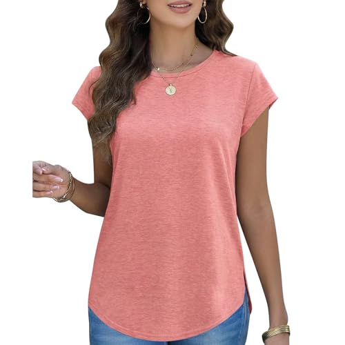 Womens Round Neck Cute Short Sleeve Top Curved Hem Blouses Sexy Slim Fit Tee Shirts Spring Summer Basic Cute Tops Fashion Casual T Shirts Tops Rose Red M