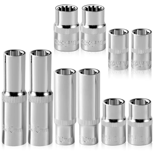 [10-Piece] 10mm Socket Set 1/4-Inch & 3/8-Inch Drive Impact Socket 6-Point & 12-Point Deep and Shallow Mirror Chrome Finish