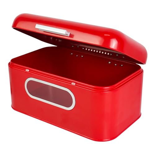 DreamsEden Bread Box for Kitchen Countertop, Large Capacity Bread Storage with Window, Stainless Steel Bread Bin Retro Container for Bread, Loaves, Muffins, Baked Goods (Red)