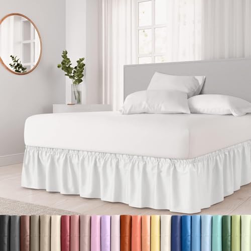Image of Bed Skirt - Wrap Around Dust Ruffle Bed Frame Cover with Easy Fit Elastic Strap, King Size 12 Inch Drop, Microfiber Pleated, Machine Washable | White