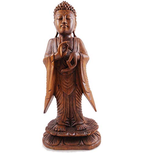 Artisanal Statue de Bouddha Debout 40cm Bois Massif sculpté Main
