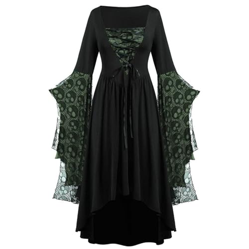 Grande robe rétro médiévale noire style punk avec dentelle fine et manches longues