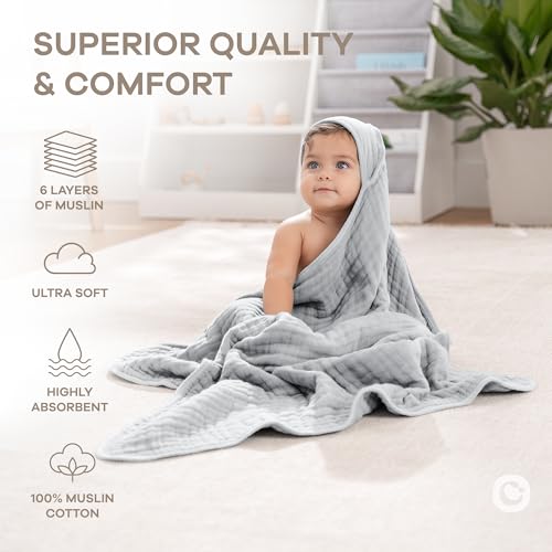 Image of Comfy Cubs Hooded Baby Towel 1-Pack, Large 32 x 32 Inch - 6 Layer 100% Muslin Cotton for Babies, Toddlers and Kids - Soft & Absorbent Baby Bath Towels - Unisex Design for Bath Time - Heather Blue