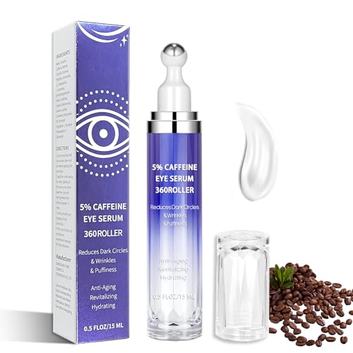 Caffeine & Retinol Eye Cream with 360° Massage Roller – Reduces Puffiness, Bags & Dark Circles – Peptides, Green Tea & Hyaluronic Acid – 15ml
