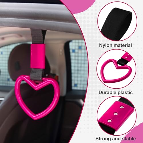 Image of 2PCS Heart Shaped Car Handle Straps, Rear Bumper Warning Keychain Ring for Car Exterior Accessories (Hot Pink)