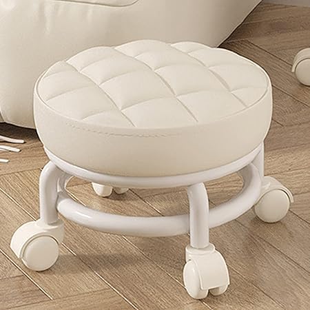 IMUU Round Mini Stool Heavy Duty 360° Movable Swivel Pulley Wheels Stool Comfortable Waterproof PU Leather Seat for Office Fitness Centers Salons Spas Living Room (White)