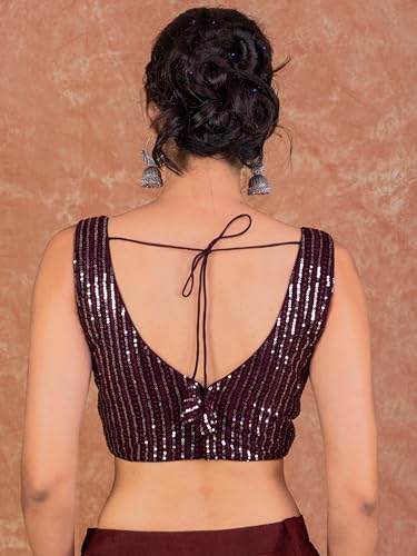 Image of FIGURE'S DESIGNER Women's Sequin Embroidered SabyaSachi Cut Sweetheart V Neck Sleeveless Readymade Saree Blouse E30