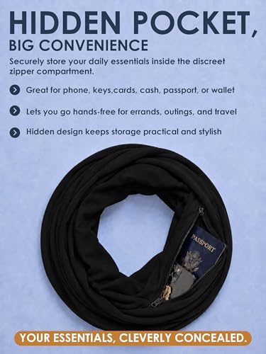 Pop Fashion Infinity Scarf for Women Lightweight - Multifunctional Travel Scarf with Hidden Pocket - Solid Color Scarves (Black)