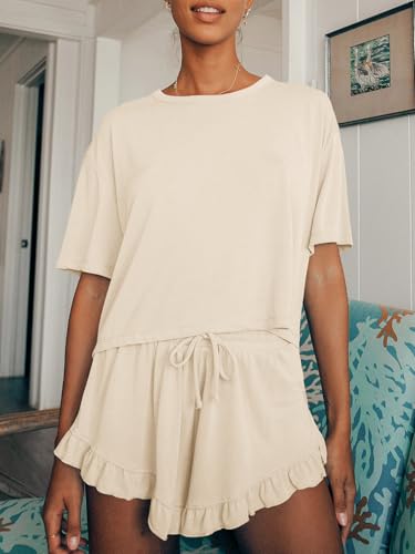 Image of Tankaneo Womens 2 Piece Shorts Set Summer Casual Short Sleeve T Shirts Drawstring Ruffle Shorts Pajamas Lounge Set