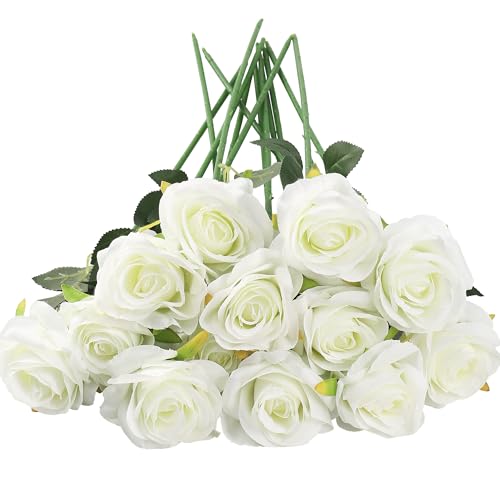 HNVNER 12 Pcs Rosas Artificiales de Seda de Tallo único, Flores Artificiales Realistas para Decoración de Bodas, Aniversario, Decoración del Hogar, Blanco