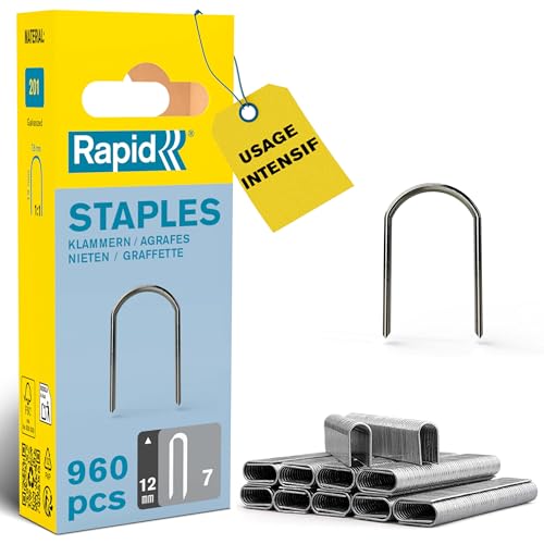 RAPID 40109523, Agrafes haute performance pour matériaux denses, couronne étroite N°7, longueur des branches 12mm, acier galvanisé avec revêtement résine, 960 pièces, Boîte FSC