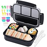QQKO Bento Box for Kids Adults, School Toddler Lunch Box for Boys Girls, Lunch Box Containers with 4 Compartments, Sauce Container, Utensils, Food Picks and Muffin Cups for School, Black Gray
