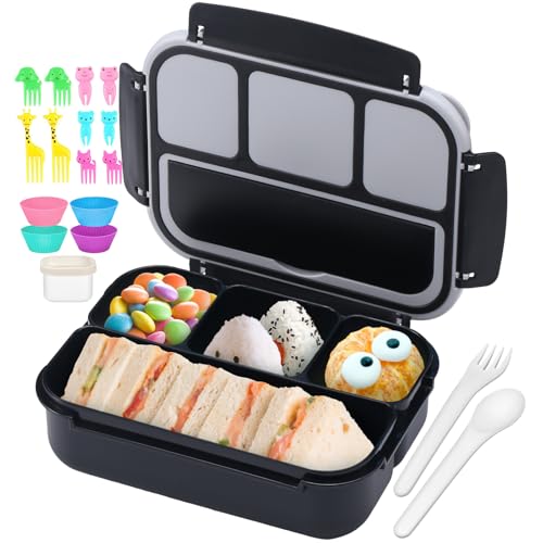 QQKO Bento Box for Kids Adults, School Toddler Lunch Box for Boys Girls, Lunch Box Containers with 4 Compartments, Sauce Container, Utensils, Food Picks and Muffin Cups for School, Black Gray