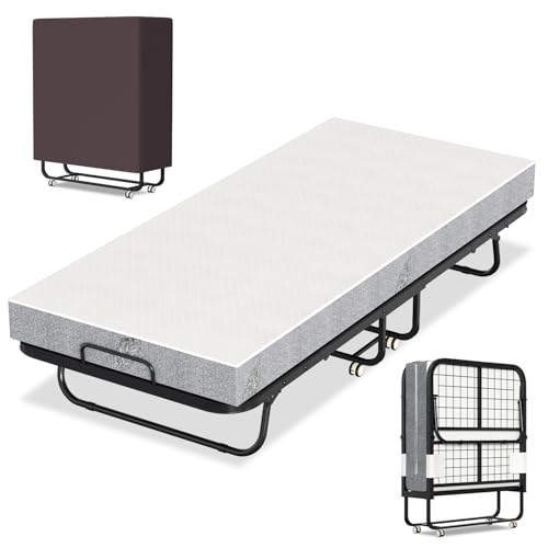 Hebitod Cama plegable con colchón de espuma viscoelástica de 13 cm, 90 x 200 cm, cama plegable para invitados, marco de cama de metal estable y resistente, cuna de viaje con ruedas, capacidad de carga