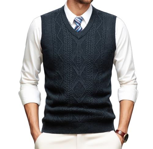 Men's 100% Wool V Neck Sweater Vest Cable Knitted Pullover Sweaters Vest
