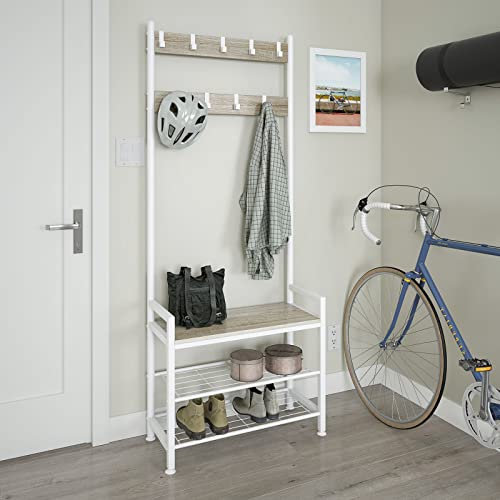 Ballucci Entryway Coat Rack With Shoe Bench, 3-In-1 Hall Tree And Shoe Rack Storage Shelf Organizer, Natural Wood Look With 9 Metal Hooks And Steel Frame - White #TOP1
