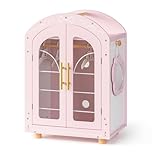 ROBUD Kids Dolls Wardrobe, Wooden Doll Furniture Accessories Closet with Mirror, Hangers, Shelves, Pink Dolls Clothes Storage Cabinet for Dolls 18 inch, Pretend Play Gifts for Girls Age 3+