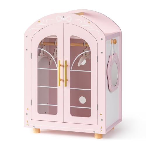 ROBUD Puppenschrank Holz mit Spiegel Puppenmöbel Puppen Kleiderschrank für 43-45 cm Puppen Puppenhaus Möbel mit Kleiderstange & Regalen Puppenkleiderschrank Puppenzubehör für Mädchen ab 3 Jahren