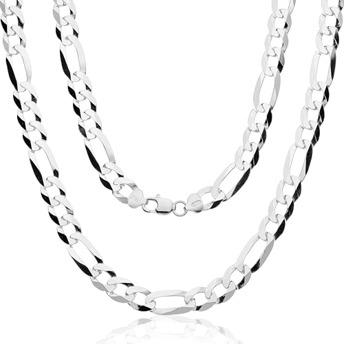 Aka Gioielli - Italian 925 Sterling Silver 11mm Diamond-Cut Figaro Link Chain - Solid Sterling Silver Necklace for Men and Women - Made in Italy