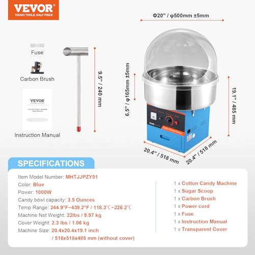 VEVOR Electric Cotton Candy Machine with Cover, 1000W Commercial Floss Maker w/Stainless Steel Bowl, Sugar Scoop and Drawer, Perfect for Home, Carnival, Kids Birthday, Family Party, Blue