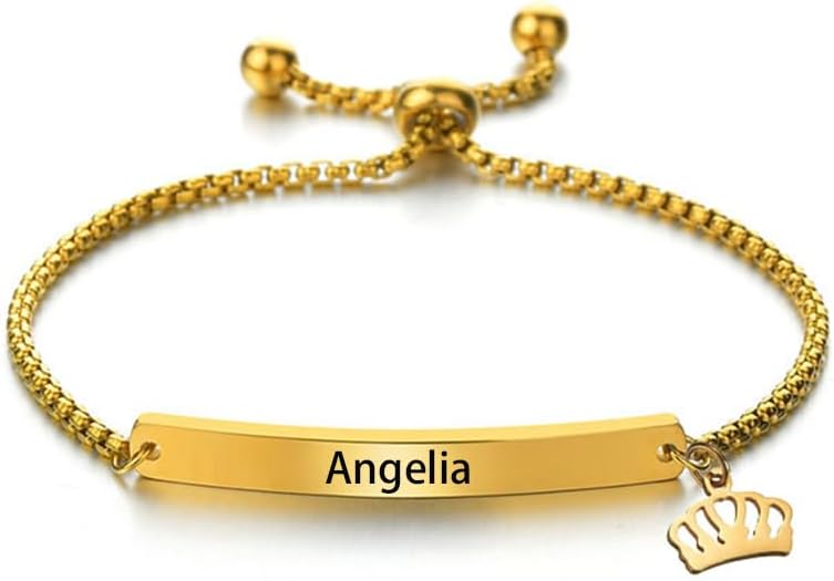 Custom Bracelets for Women Kids,Engraved Baby Bracelets, Custom Baby Name Bar id Bracelet for Newborn Baby Girls Boys Baptism First Birthday Gift 14k Gold Personalized Mother Daughter Bracelets,Adjustable Size 7"-11"