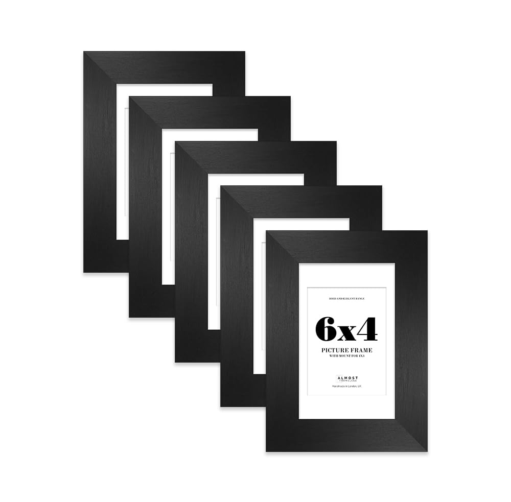 6x4 Black Frame With Mount for 4x3 Pictures 28mm Edge Portrait and Landscape Display with Wall Hooks and Kickstand, 5 Pack