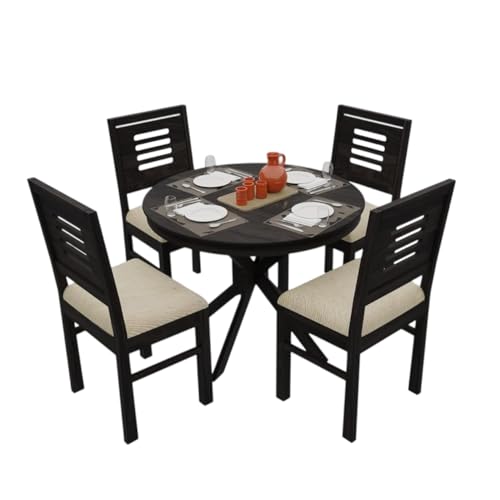 Image of AS Arts Sheesham Wood Round 4 Seater Dining Table Set with Chairs for Home & Dining Room | Solid Wood Dining Set | Dark Walnut Finish