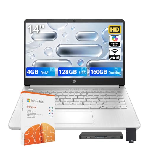 Image of HP Flagship 14 inch HD Student&Business Laptop, 13th Gen Intel 4-Core, 4GB RAM, 288GB Storage (128GB UFS + 160GB Docking Station), 1 Year Office 365, AI Copilot, Wi-Fi 6, Win 11 S, Natural Silver