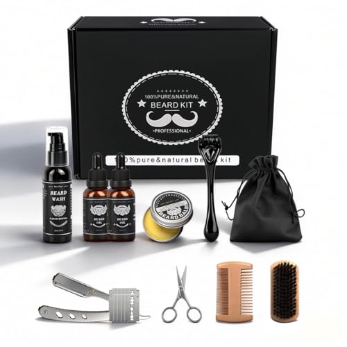Bart Pflege Herren Wachstum oder tägliche Set- Inkl. Öl(2x) Balsam Shampoo Roller Bürste Kamm Schere Rasierer (mit Klingen) Reisetasche Geschenke für Männer
