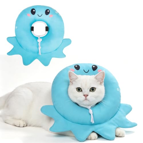 Image of BEAUTYZOO Cat Cone Collar Soft,Cat Donut Recovery Collar After Surgery to Stop Licking,Kitten E Collars Neck Pillow Cone for Cats,Adjustable Elizabeth Pet Collars for Puppy Small Dogs,Blue Octopus S