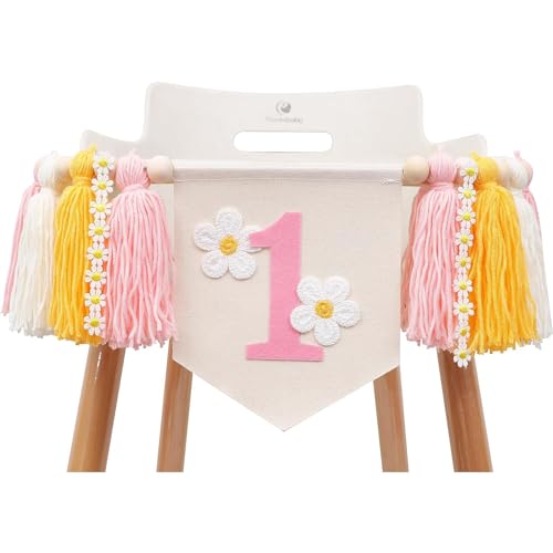 LOONELO Daisy 1st Birthday Highchair Banner, Groovy Hippie Banner Daisy Boho Tassel, Boho Girls Dreamy Daisies Banner for Boho Daisy Theme First Birthday Party Decoration and Photo Props
