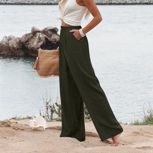 Women's Solid Color Casual High Waisted Buttoned Elastic Pocket Wide Leg Straight Dressy Loose Fit Pants4
