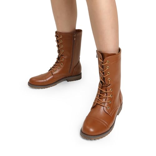DREAM PAIRS Women's Waterproof Mid Calf Boots Lace-Up Stylish Combat Boots Lightweight Non-Slip Daily Ankle Booties with Fashion and Cool Ladies' Style,Size 6,Brown,SDMB2401W