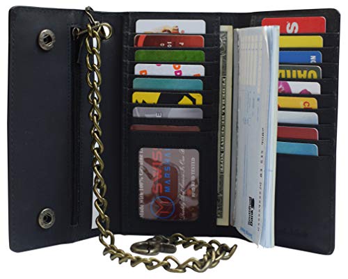 RFID Blocking Mens Tri-fold Long Style Crazy Horse Leather Steel Chain Wallet(Black)4