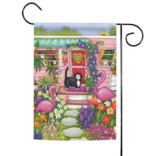 Toland Home Garden 119762 Kittens And Flamingoes Cat Flag 12x18 Inch Double Sided Cat Garden Flag for Outdoor House Bird Flag Yard Decoration