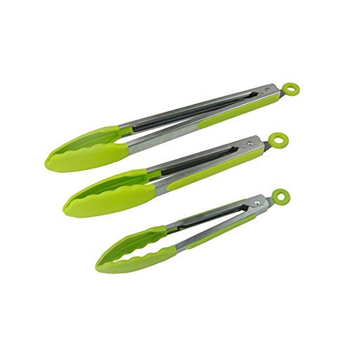 VLUNT HOME Non-Slip Grip Stainless Steel Kitchen Tongs Set Silicone Heavy Duty Non-Slip Grip Kitchen Tongs for Cooking, Grilling, and Barbecue, BBQ, 3PCS (green)