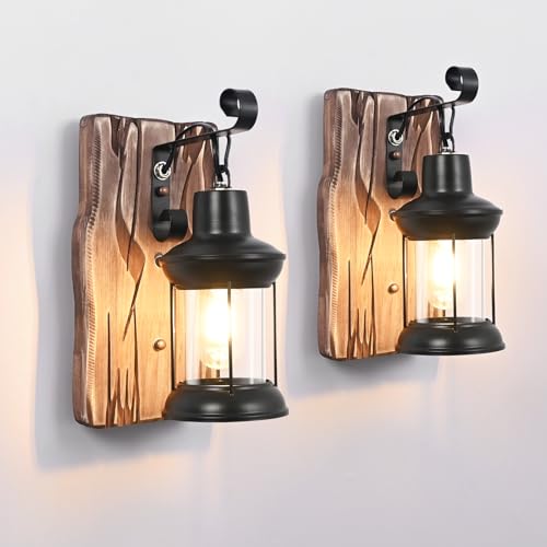 Image of Rustic Wall Light Fixtures Vintage Wall Sconces Sets of 2 Farmhouse Antique Wooden Lamp with Clear Glass Indoor Lighting Black Bedside Sconces Lighting for Bar Cafe Barn Stairs