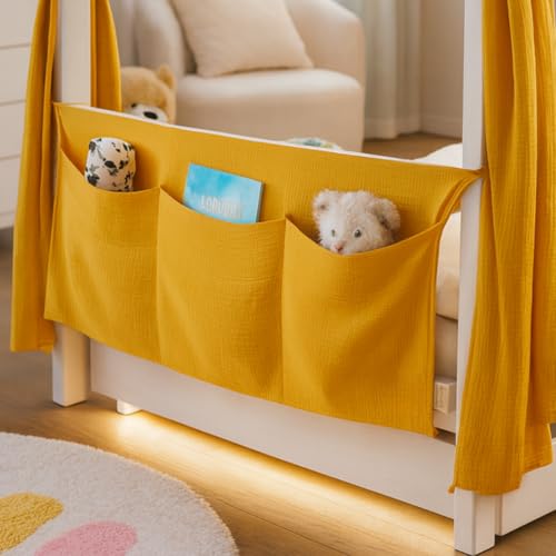 ALAVYA HOME® Betttasche aus Musselin 90x38 cm - Praktischer Organizer für Baby- und Kinderbett - Wechselkleidung & Windeln Hält alles ordentlich und griffbereit (Senfgelb)