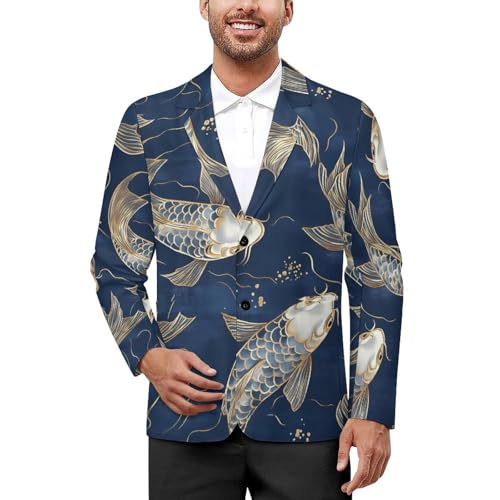 Japanese Fish Gold Navy Blue Classic Suits Blazer for Men Business Tuxedo Jacket Sport Coat Two Buttons