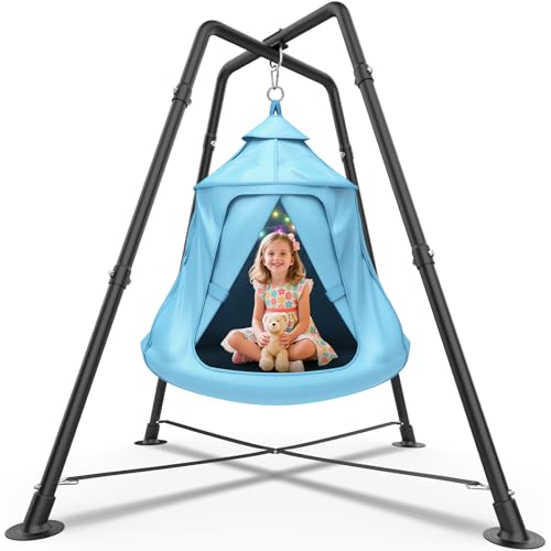 Swing Set with Tent Swing Hanging Tree Tent w/Swing Frame X-Shaped Swing Stand with Tent Swing Tent Swing Chair 330 lbs w/Rainbow Lights String Indoor Outdoor Use (Light Blue)