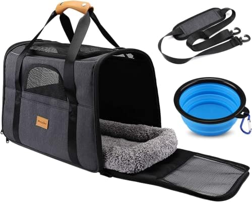 morpilot Torba transportowa dla kota i psa, oddychająca i składana, walizka z regulowanym paskiem na ramię, klatka z wyjmowanym pluszowym materacem+miska (43 x 30 x 33 cm)
