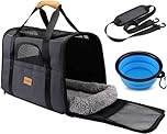 Morpilot Cat Carrier - Airline Approved, Top Opening Portable Dog Bag with Breathable Mesh/Removable Mat, Adjustable Shoulder Strap & Bowl, Foldable Travel Cage, M, Grey (Max 7kg)