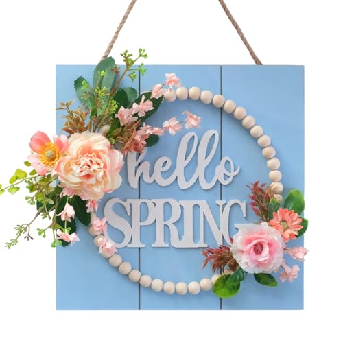 Idyllic Hello Spring Sign Wreath for Front Door, Artificial Flower Wreath with Hello Spring Wooden Sign for Farmhouse Wall Wedding Decor Window Front Porch Decor