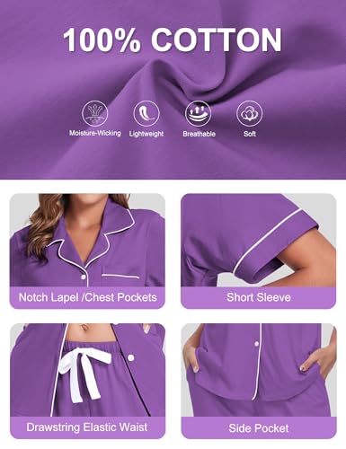 Image of COLORFULLEAF Women's 100% Cotton Pajamas Set Button Down Sleepwear Short Sleeve Shirt and Long Pants Soft Ladies Lounge Sets