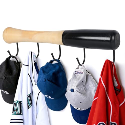 Kuabiz Baseball Bat Wall Rack 16.5’’ Wooden Baseball Themed Wall Mount Hook Rack with 5 Metal Hooks Heavy Duty Sports Wall Decor for Sports Lovers Gifts Organizing Caps Coats by Kuabiz - Used condition - US$12.64