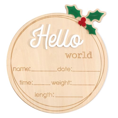 Image of Wooden inchHello World inch Baby Announcement Board - Newborn Birth Sign, Baby Shower Decor, Hospital Nursery Information Board, Baby Milestone Photo Prop, Gender Neutral Keepsake (Holly Berries Christmas)