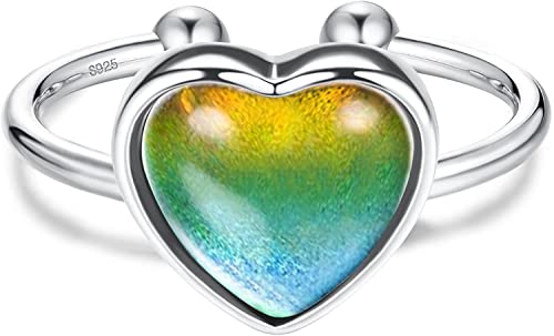 KRFY Anillo Estado de ánimo de Plata de ley 925 Para Mujeres Hombres Anillo Cambiable con Control Temperatura Anillos Banda Cambio Color Ajustable Abierto Apilable Anillos de Corazón Para Niñas