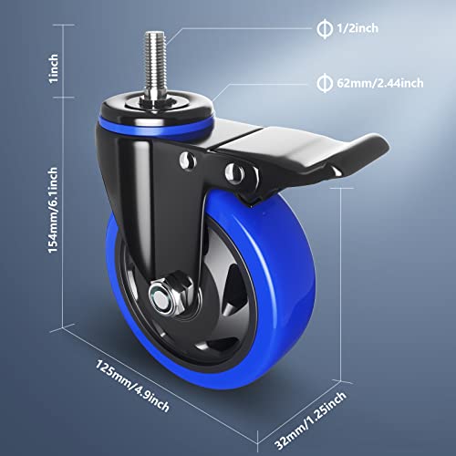 Stem Caster Wheels 5 inch Heavy Duty Threaded Stem Mount Casters Set of 4 with American Size UNC 1/2\"-13 x 1 Swivel Industrial Castors with Safety Dual Locking Wheel for Furniture and Cart
