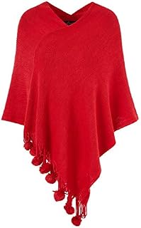 Ferand Women's Cozy Warm Poncho Sweater Elegant Shawl Wrap with Cute Pompoms, One