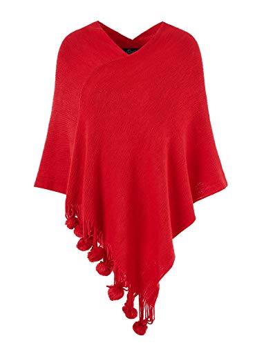 Ferand Women's Cozy Warm Poncho Sweater Elegant Shawl Wrap with Cute Pompoms, One